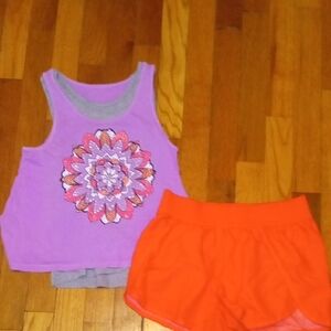 Girls Purple Tank Top w/ Floral Sequin design & Bright Orange Shorts girl large